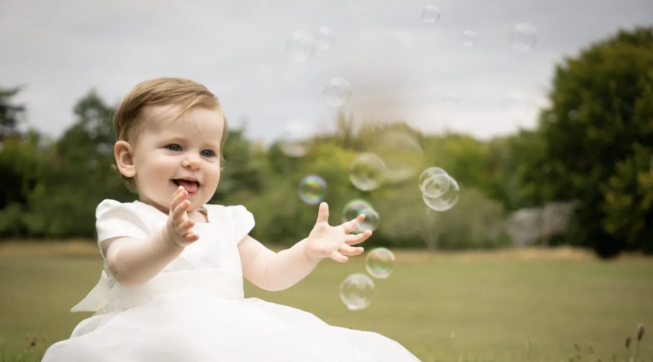Baby reaching for bubbles outdoors